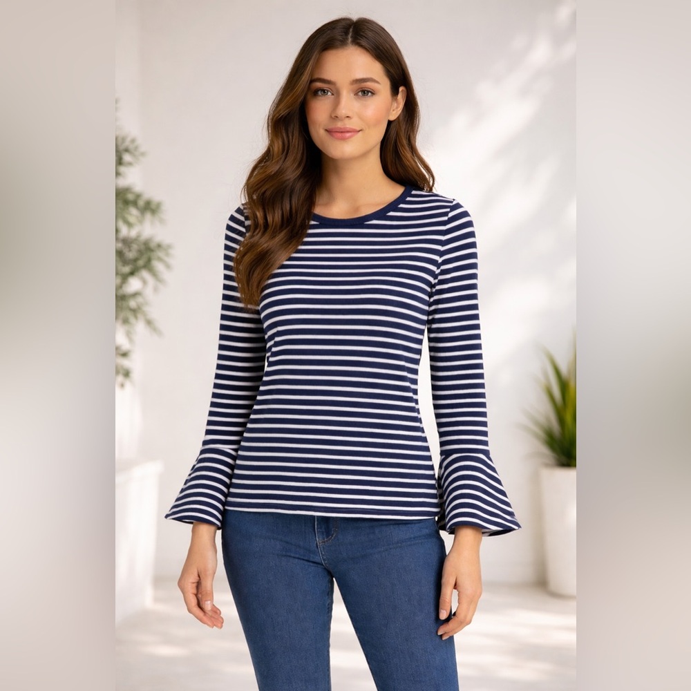 Draper James Navy & White Stripe Bell Sleeve Top – Size M